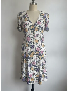 L.A. Gal 80’s 90’s mini lace trim Floral Print  Dress Pearl Buttons size medium